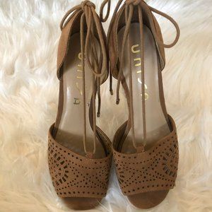NWOB Unisa • Laser Cut Faux Suede Tie-Back Lace-Up Espadrille Wedge Heel 7